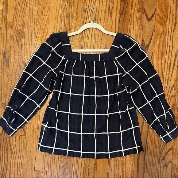 Women’s J. Crew penny windowpane navy and white long sleeve blouse, size: 0 - Picture 3 of 4